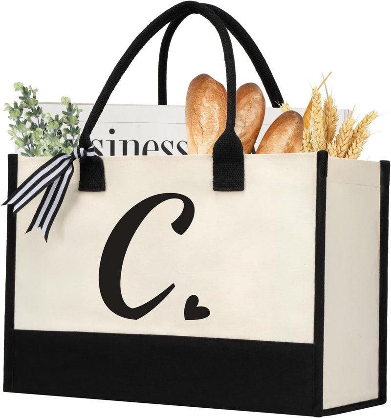 shenee Initial Canvas Tote Bag, Personalized Beach Jute Bag Present for Women Holiday,Friends Birthday Gift,Wedding, New Year - Image 1